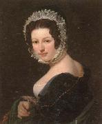 Portrait of a young lady,half-length,wearing a black dress,with a green mantle,and a lace bonnet unknow artist